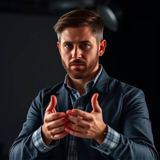 Un hombre gesticulando persuasivamente durante una presentación profesional.